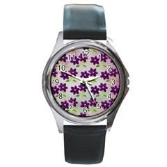 Purple Flower Round Metal Watch by HermanTelo