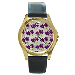 Purple Flower Round Gold Metal Watch by HermanTelo