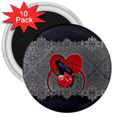 Wonderful Crow On A Heart 3  Magnets (10 Pack)  by FantasyWorld7