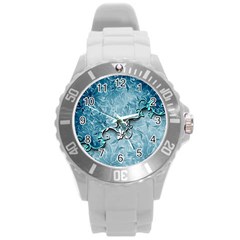 Wonderful Blue Flowers Round Plastic Sport Watch (l) by FantasyWorld7