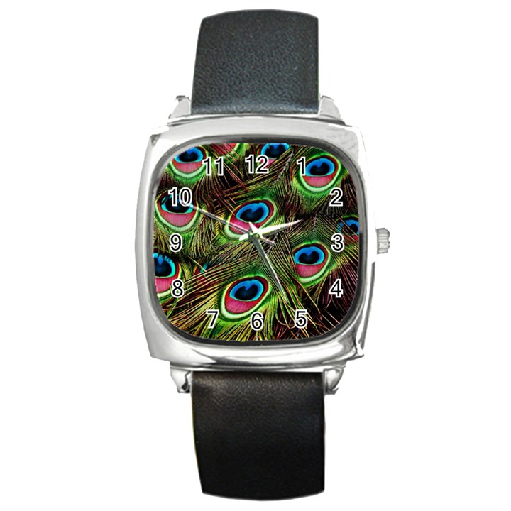 Peacock Feathers Color Plumage Square Metal Watch