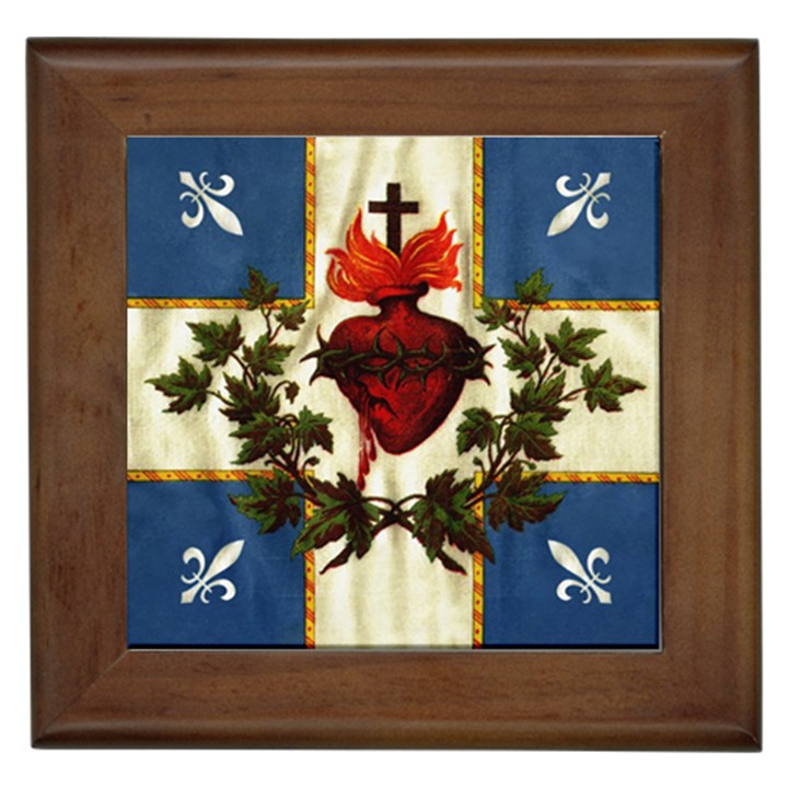 Quebec flag drapeau Québec Patriote Carillon Sacré-Coeur Christian Catholic old vintage with fleurs de lys Framed Tile