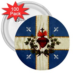 Quebec Flag Drapeau Québec Patriote Carillon Sacré-coeur Christian Catholic Old Vintage With Fleurs De Lys 3  Button (100 Pack) by Quebec