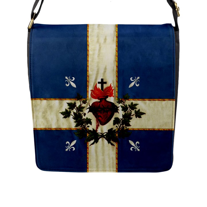 Quebec flag drapeau Québec Patriote Carillon Sacré-Coeur Christian Catholic old vintage with fleurs de lys Flap Closure Messenger Bag (L)