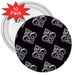 French France Fleur De Lys Metal Pattern Black And White Antique Vintage Black Rocker 3  Buttons (10 Pack)  by Quebec