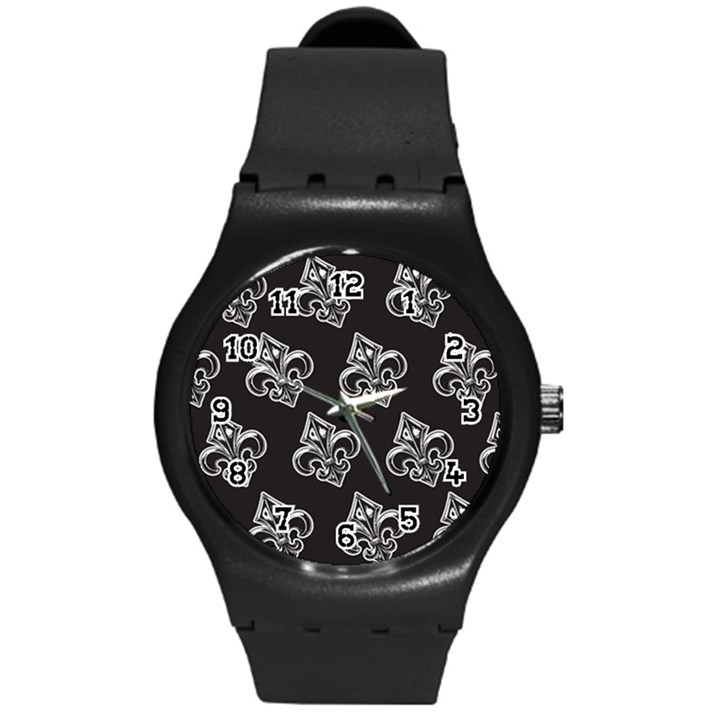 French France Fleur De Lys Metal Pattern black and white antique vintage black rocker Round Plastic Sport Watch (M)