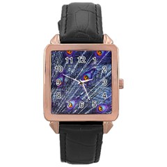 Peacock Feathers Color Plumage Blue Rose Gold Leather Watch  by Sapixe