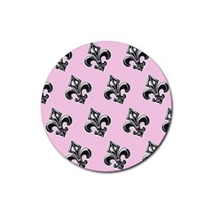 French France Fleur De Lys Metal Pattern Black And White Antique Vintage Pink And Black Rocker Rubber Coaster (round)  by Quebec