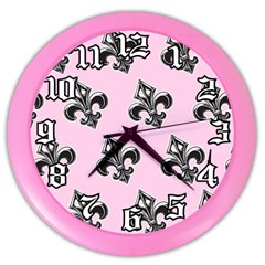 French France Fleur De Lys Metal Pattern Black And White Antique Vintage Pink And Black Rocker Color Wall Clock by Quebec