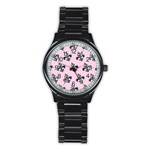 French France Fleur De Lys Metal Pattern black and white antique vintage pink and black rocker Stainless Steel Round Watch Front