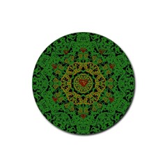 Love The Hearts  Mandala On Green Rubber Coaster (round)  by pepitasart