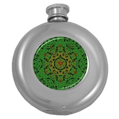 Love The Hearts  Mandala On Green Round Hip Flask (5 Oz) by pepitasart