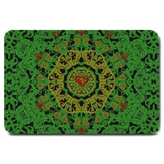 Love The Hearts  Mandala On Green Large Doormat  by pepitasart