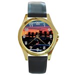 Urban Sunset Scene, Punta Del Este   Uruguay Round Gold Metal Watch Front