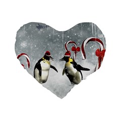 Funny Penguin In A Winter Landscape Standard 16  Premium Flano Heart Shape Cushions by FantasyWorld7