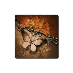 Wonderful Floral Design With Butterflies Square Magnet by FantasyWorld7