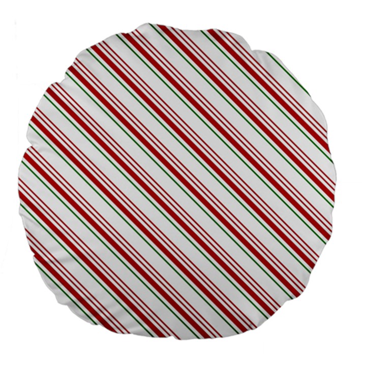 White Candy Cane Pattern with Red and Thin Green Festive Christmas Stripes Large 18  Premium Flano Round Cushions