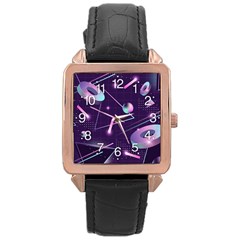 Retrowave Aesthetic Vaporwave Retro Memphis Pattern 80s Design Geometrical Shapes Futurist Pink Blue 3d Rose Gold Leather Watch  by genx