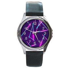 Retrowave Aesthetic Vaporwave Retro Memphis Pattern 80s Design Geometric Shapes Futurist Purple Pink Blue Neon Light Round Metal Watch by genx