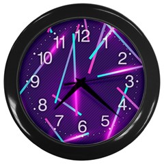 Retrowave Aesthetic Vaporwave Retro Memphis Pattern 80s Design Geometric Shapes Futurist Purple Pink Blue Neon Light Wall Clock (black) by genx