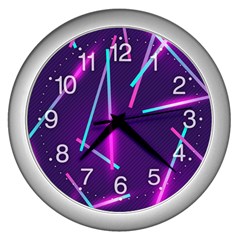 Retrowave Aesthetic Vaporwave Retro Memphis Pattern 80s Design Geometric Shapes Futurist Purple Pink Blue Neon Light Wall Clock (silver) by genx