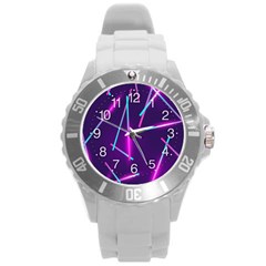 Retrowave Aesthetic Vaporwave Retro Memphis Pattern 80s Design Geometric Shapes Futurist Purple Pink Blue Neon Light Round Plastic Sport Watch (l) by genx