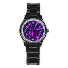 Retrowave Aesthetic Vaporwave Retro Memphis Pattern 80s Design Geometric Shapes Futurist Purple Pink Blue Neon Light Stainless Steel Round Watch by genx