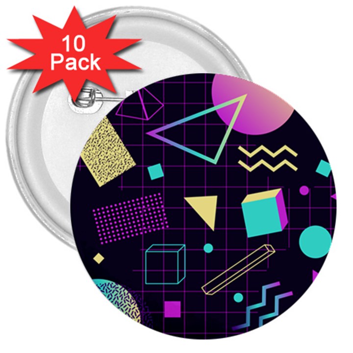 Retrowave Aesthetic vaporwave retro memphis pattern 80s design 3D geometric shapes 3  Buttons (10 pack) 