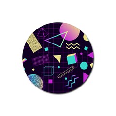 Retrowave Aesthetic Vaporwave Retro Memphis Pattern 80s Design 3d Geometric Shapes Rubber Round Coaster (4 Pack)  by genx