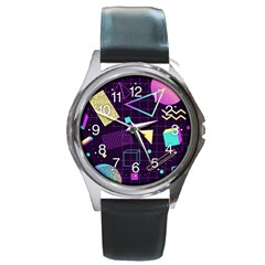 Retrowave Aesthetic Vaporwave Retro Memphis Pattern 80s Design 3d Geometric Shapes Round Metal Watch by genx