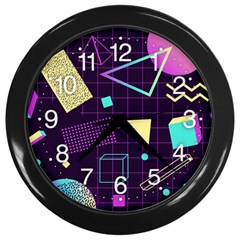 Retrowave Aesthetic Vaporwave Retro Memphis Pattern 80s Design 3d Geometric Shapes Wall Clock (black) by genx