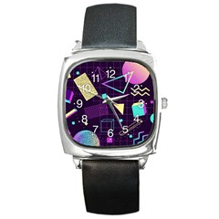 Retrowave Aesthetic Vaporwave Retro Memphis Pattern 80s Design 3d Geometric Shapes Square Metal Watch by genx