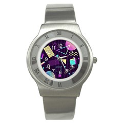 Retrowave Aesthetic Vaporwave Retro Memphis Pattern 80s Design 3d Geometric Shapes Stainless Steel Watch by genx