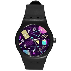 Retrowave Aesthetic Vaporwave Retro Memphis Pattern 80s Design 3d Geometric Shapes Round Plastic Sport Watch (m) by genx