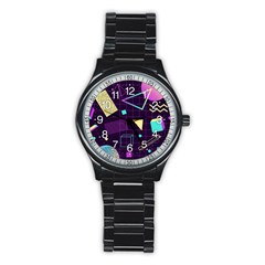 Retrowave Aesthetic Vaporwave Retro Memphis Pattern 80s Design 3d Geometric Shapes Stainless Steel Round Watch by genx