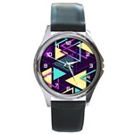 Retrowave Aesthetic vaporwave retro memphis triangle pattern 80s yellow turquoise purple Round Metal Watch Front