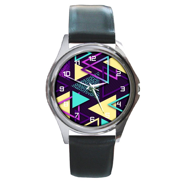 Retrowave Aesthetic vaporwave retro memphis triangle pattern 80s yellow turquoise purple Round Metal Watch