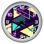 Retrowave Aesthetic vaporwave retro memphis triangle pattern 80s yellow turquoise purple Wall Clock (Silver) Front