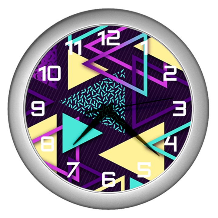 Retrowave Aesthetic vaporwave retro memphis triangle pattern 80s yellow turquoise purple Wall Clock (Silver)