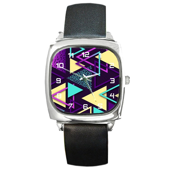 Retrowave Aesthetic vaporwave retro memphis triangle pattern 80s yellow turquoise purple Square Metal Watch