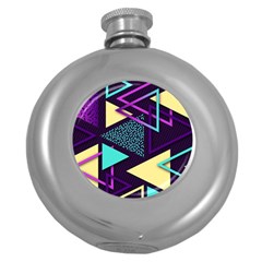 Retrowave Aesthetic Vaporwave Retro Memphis Triangle Pattern 80s Yellow Turquoise Purple Round Hip Flask (5 Oz) by genx