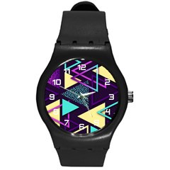 Retrowave Aesthetic Vaporwave Retro Memphis Triangle Pattern 80s Yellow Turquoise Purple Round Plastic Sport Watch (m) by genx