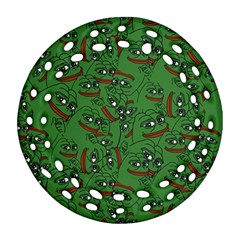 Pepe The Frog Perfect A-ok Handsign Pattern Praise Kek Kekistan Smug Smile Meme Green Background Round Filigree Ornament (two Sides) by snek