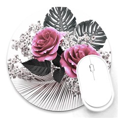 Pink Flowers Tropical Leaves Round Mousepads by LoolyElzayat