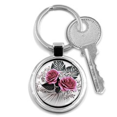 Pink Flowers Tropical Leaves Key Chain (round) by LoolyElzayat