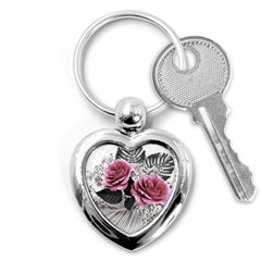 Pink Flowers Tropical Leaves Key Chain (heart) by LoolyElzayat