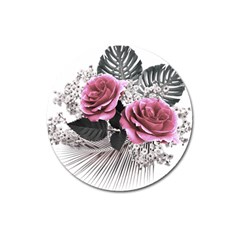 Pink Flowers Tropical Leaves Magnet 3  (round) by LoolyElzayat