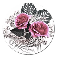 Pink Flowers Tropical Leaves Magnet 5  (round) by LoolyElzayat