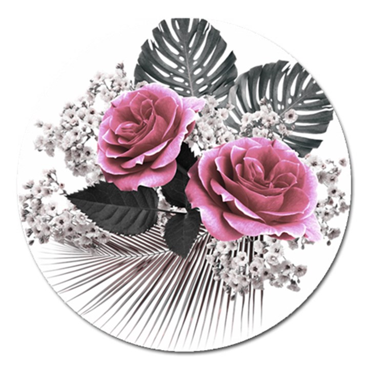 Pink Flowers Tropical Leaves Magnet 5  (Round)