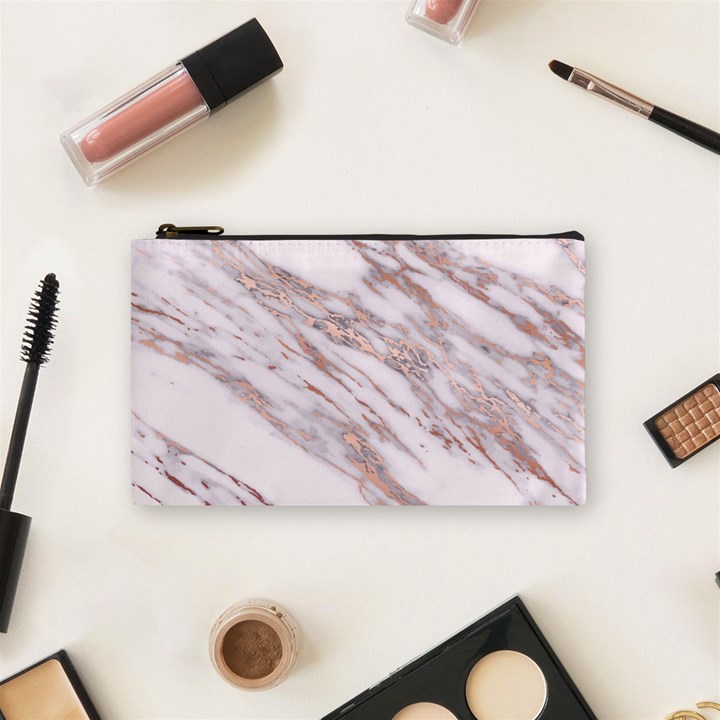 Marble with Metallic Rose Gold intrusions on gray white Stone texture Pastel Pink Background Cosmetic Bag (Small)